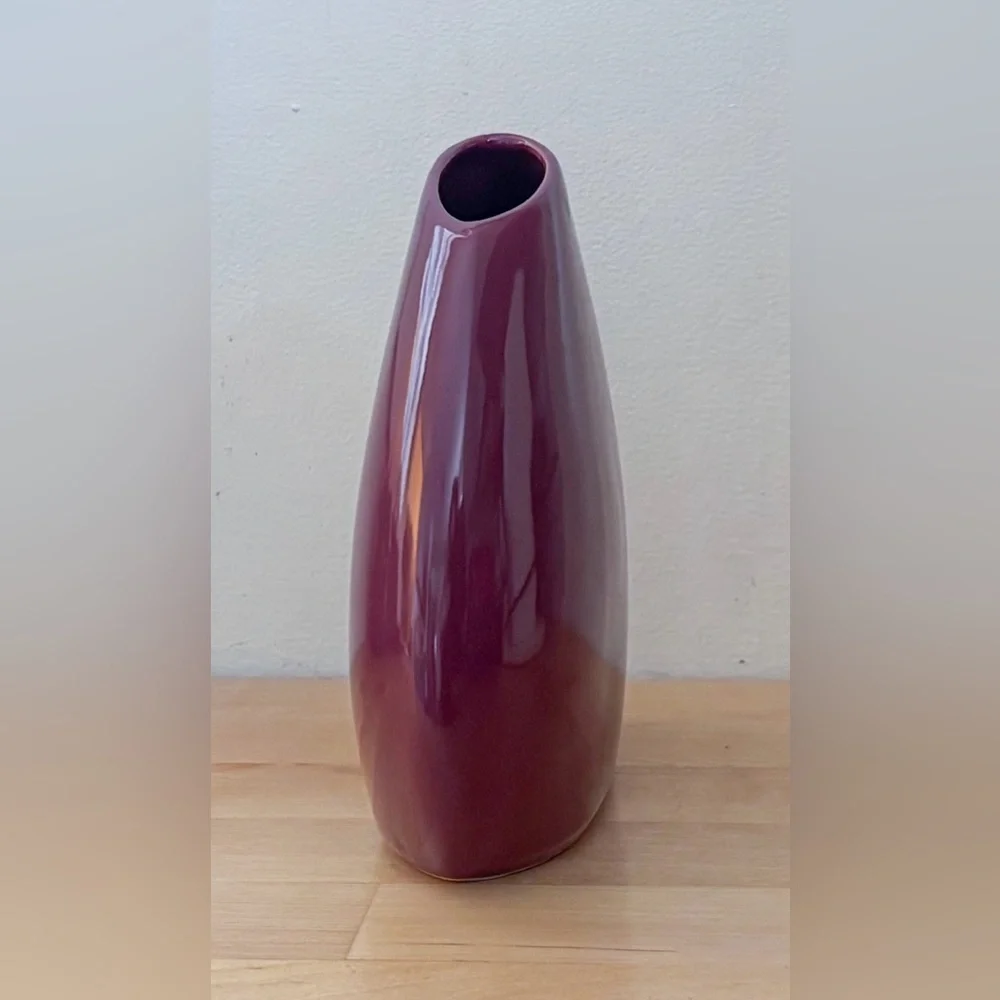 Vintage Asymmetrical Rim Maroon Vase Pottery Art Deco Romance Farmhouse MCM